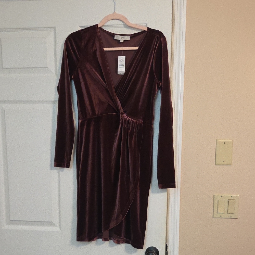 Loft Velvet Mock-Wrap Dress in Deep Burgundy